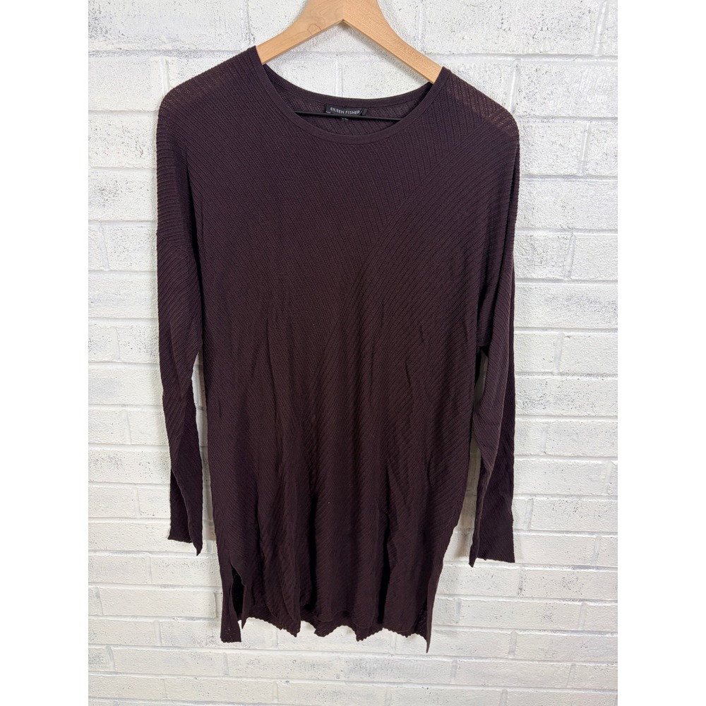 Eileen Fisher Tunic Top Womens L Plum Purple Ribbed Knit Tencel Long Sleeve